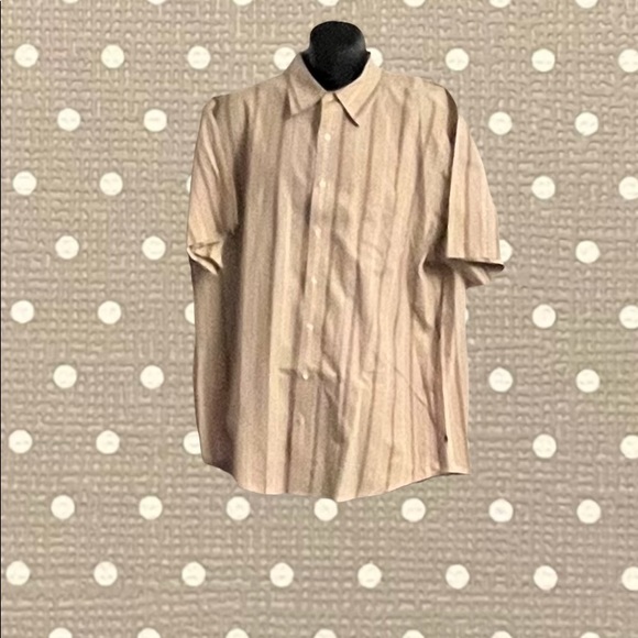 Gap stripped short sleeve button down shirt. Size XXL 
Tan, beige & black stripe - Picture 1 of 3